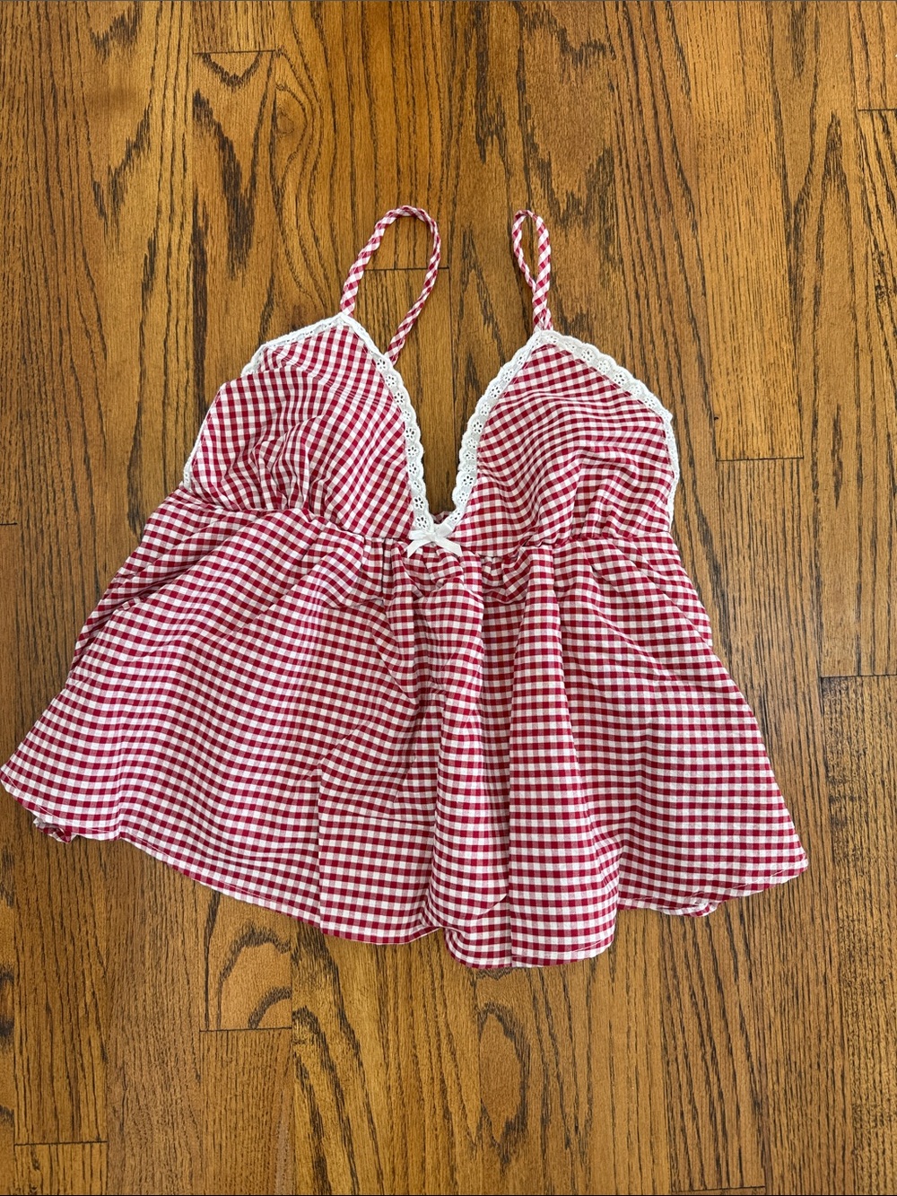 Red Gingham Lace-Trim Spaghetti Strap Top